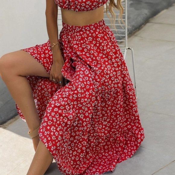 Red Ditsy Floral Print Cami Top & maxi Skirt Set - Picture 4 of 7